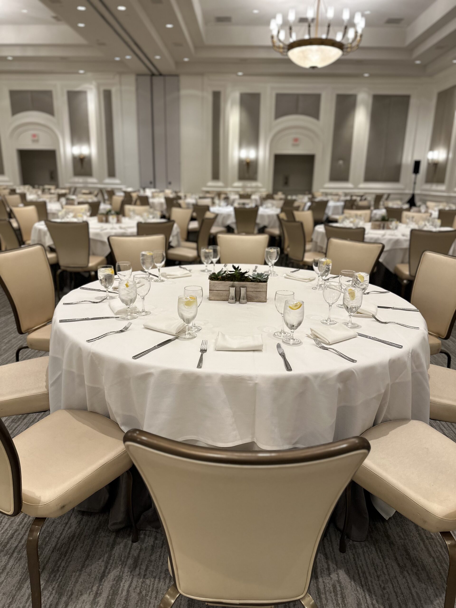 A round table with white tablecloth and place settings, and chairs all around. In background there are more tables and chairs.