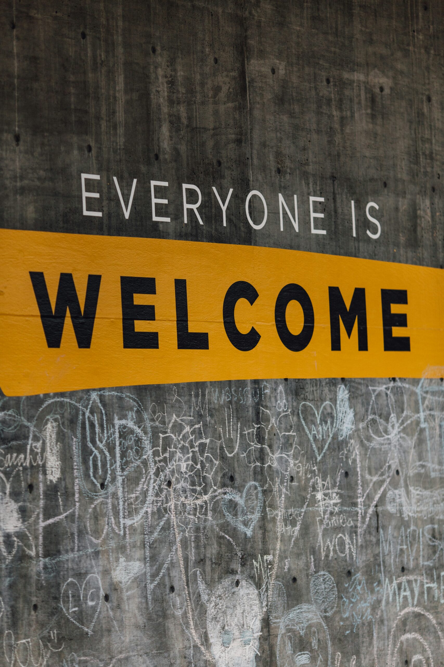 The words "Everyone is Welcome" on a grey background with Welcome highlighted on a yellow background.